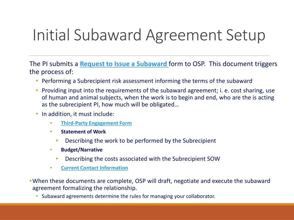 initial subaward agreement setup