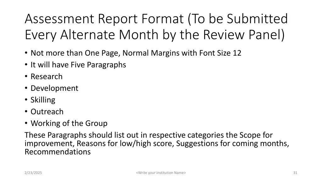 assessment report format to be submitted every