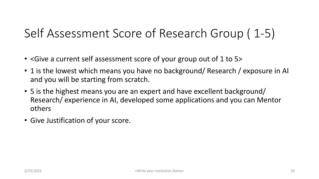 self assessment score of research group 1 5