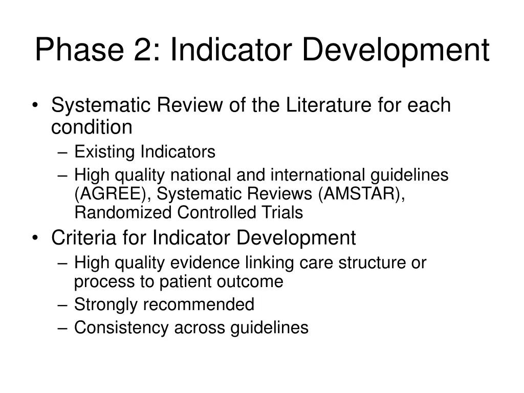 phase 2 indicator development