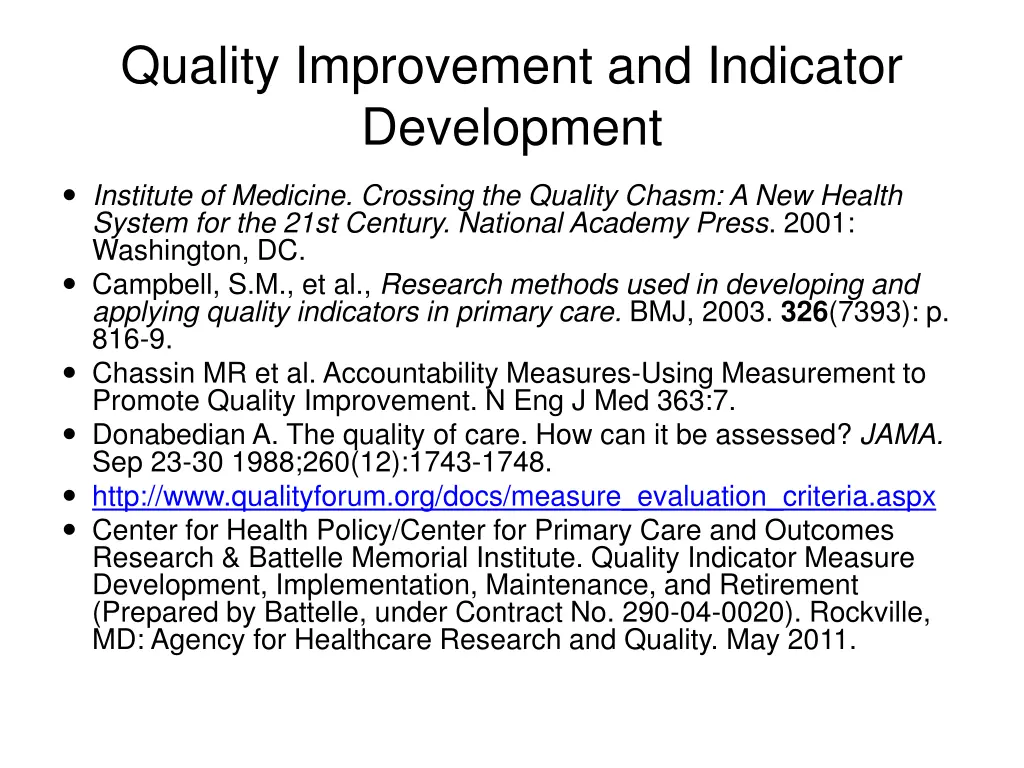 quality improvement and indicator development