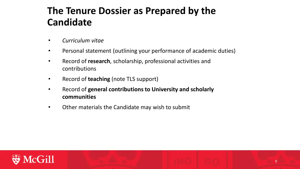 the tenure dossier as prepared by the candidate