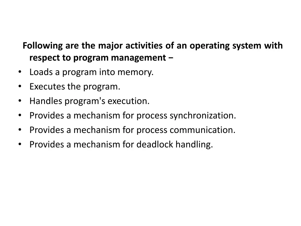 following are the major activities