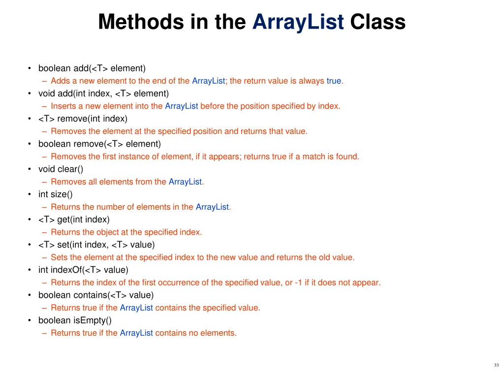 methods in the arraylist class