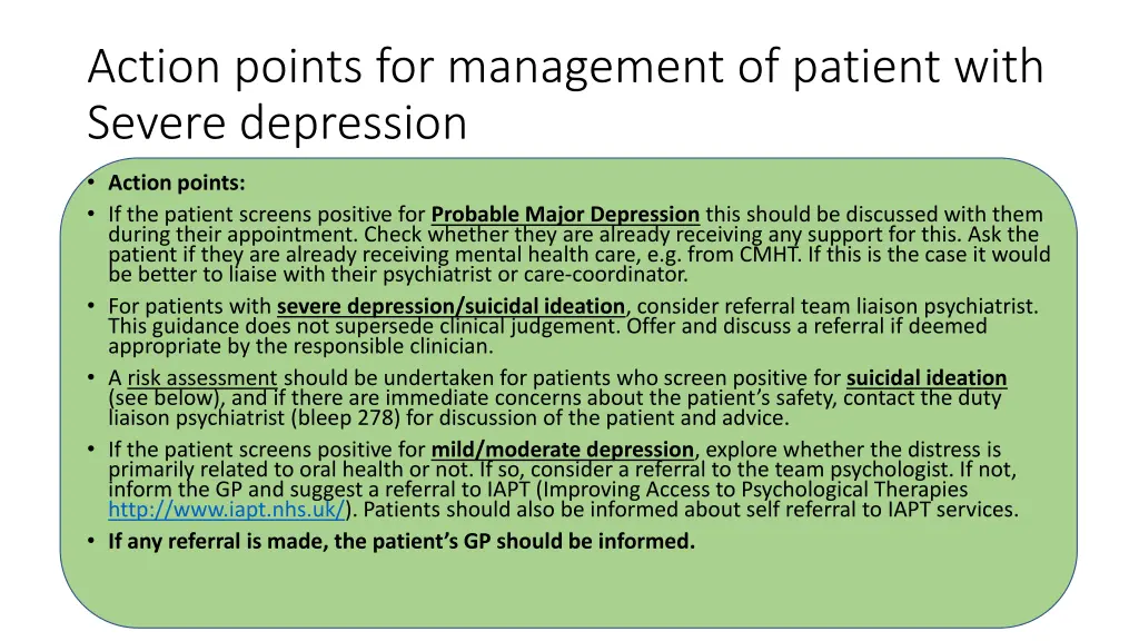 action points for management of patient with