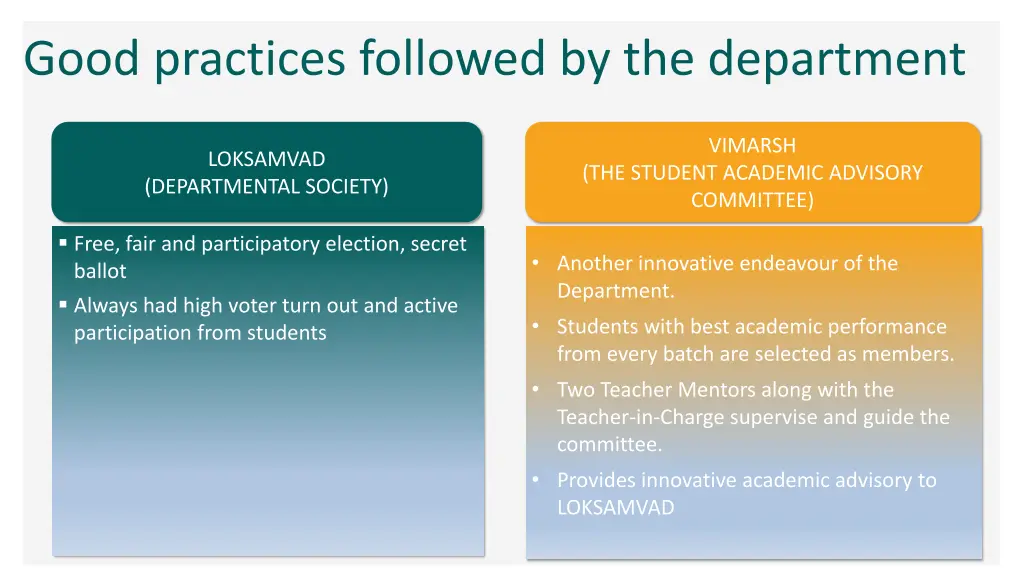 good practices followed by the department