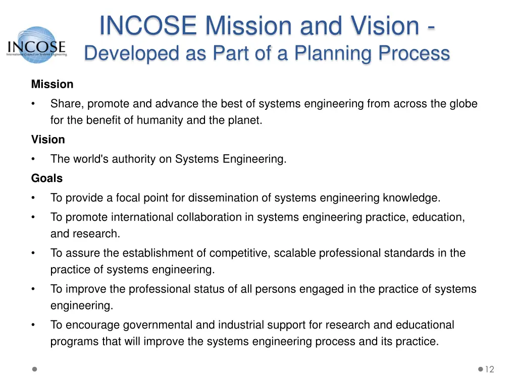 incose mission and vision developed as part