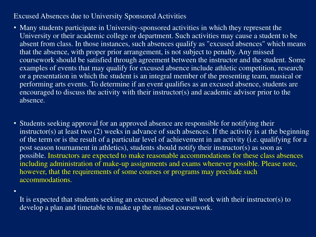 excused absences due to university sponsored