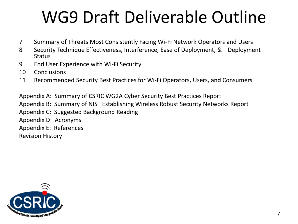 wg9 draft deliverable outline 1