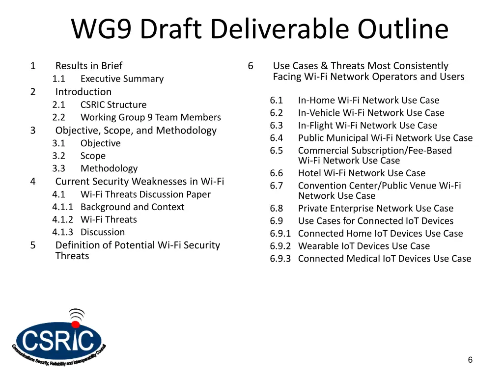 wg9 draft deliverable outline
