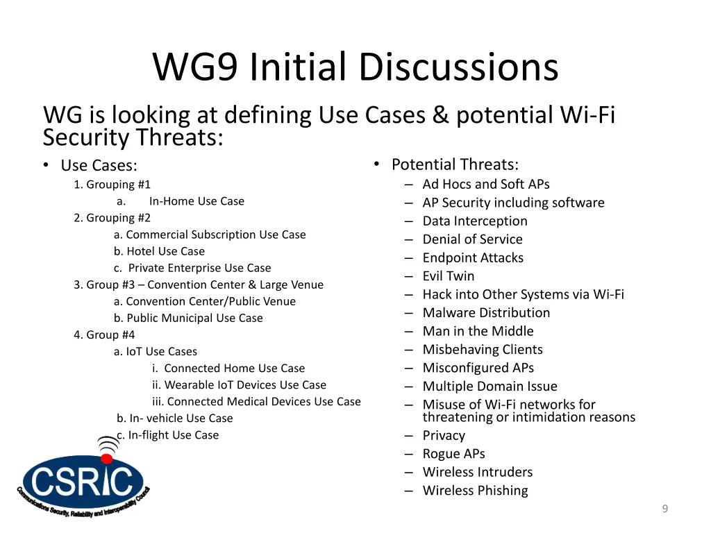 wg9 initial discussions wg is looking at defining