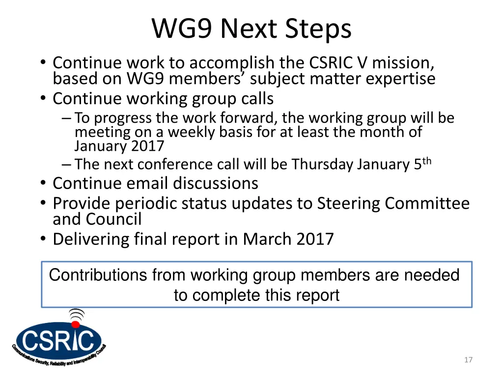 wg9 next steps