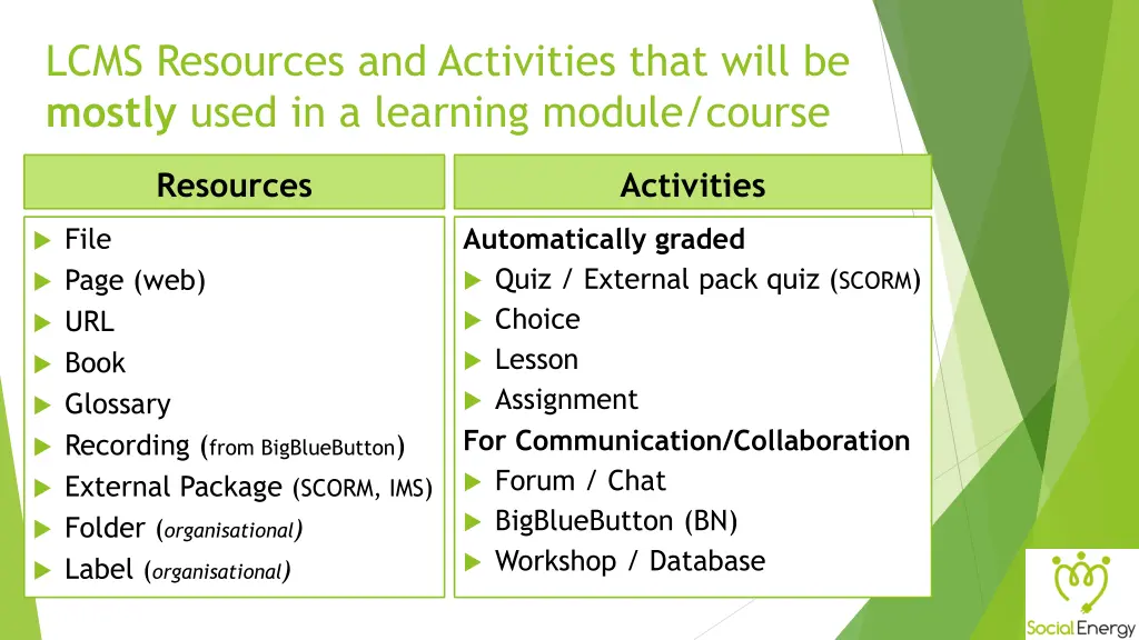 lcms resources and activities that will be mostly