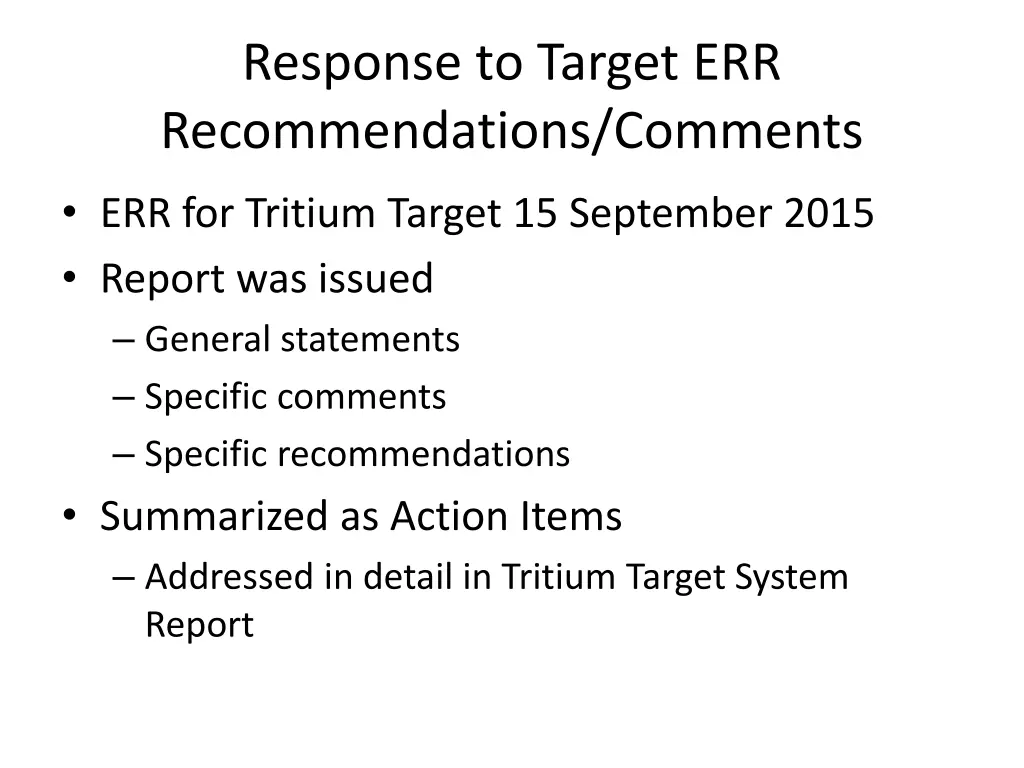 response to target err recommendations comments