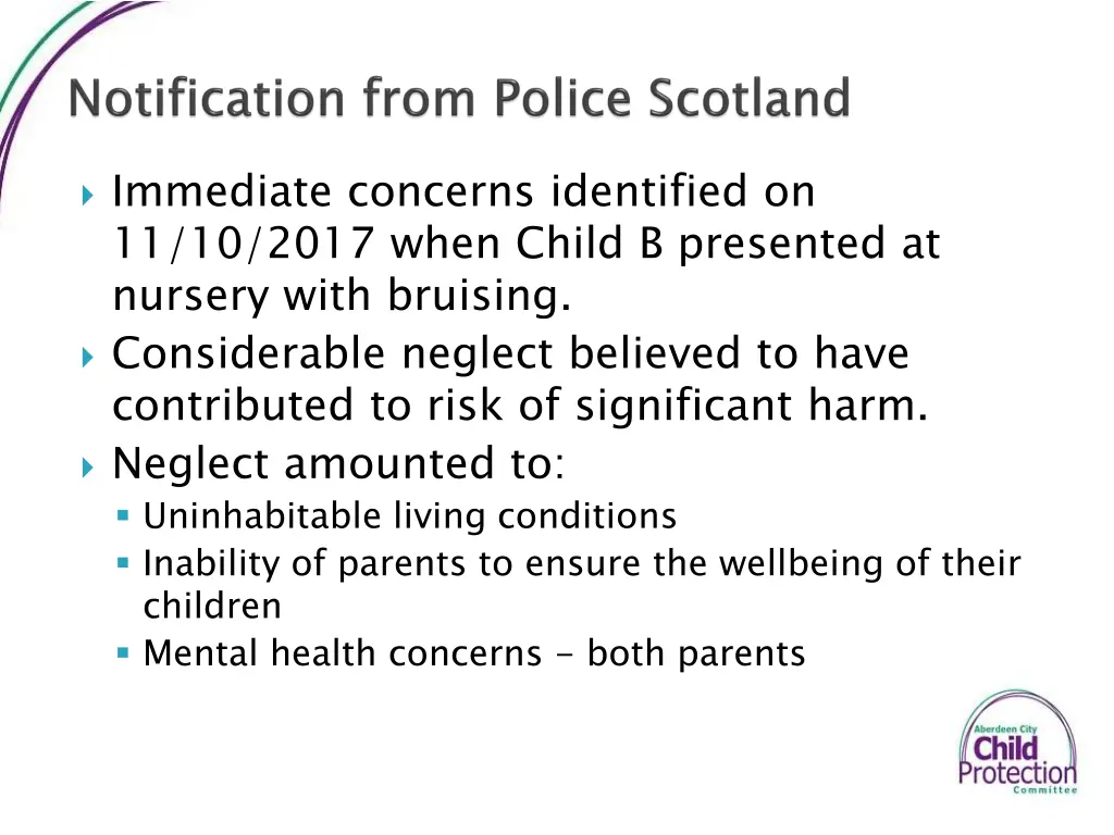 immediate concerns identified on 11 10 2017 when