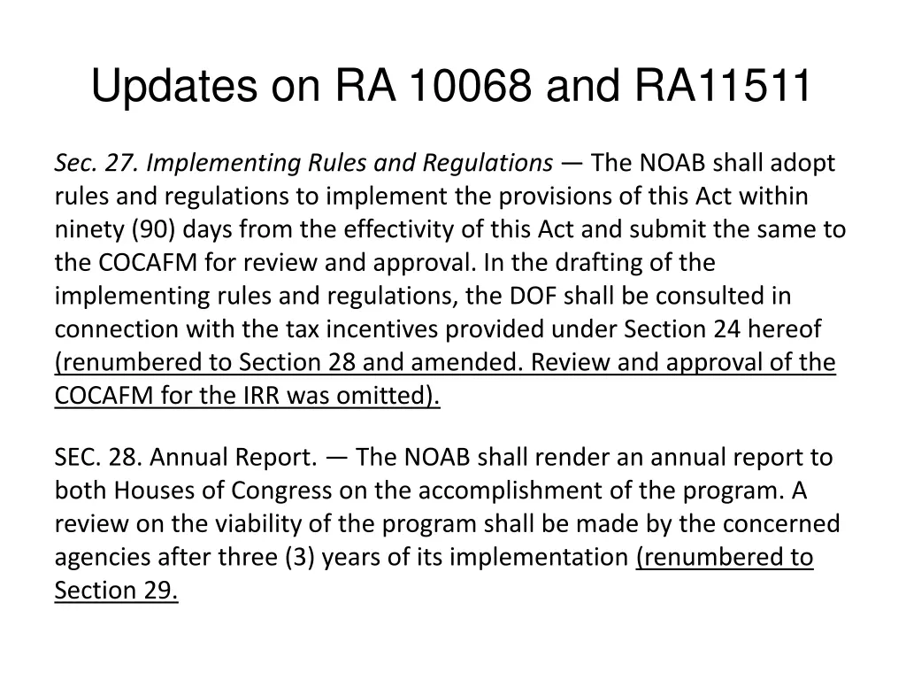 updates on ra 10068 and ra11511 10