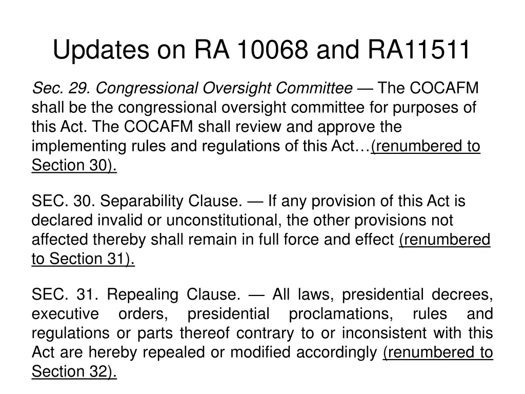 updates on ra 10068 and ra11511 11