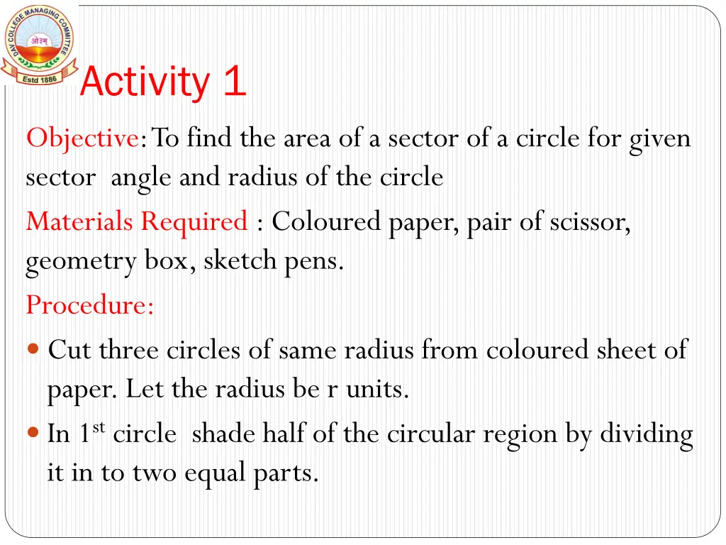 activity 1 objective to find the area of a sector