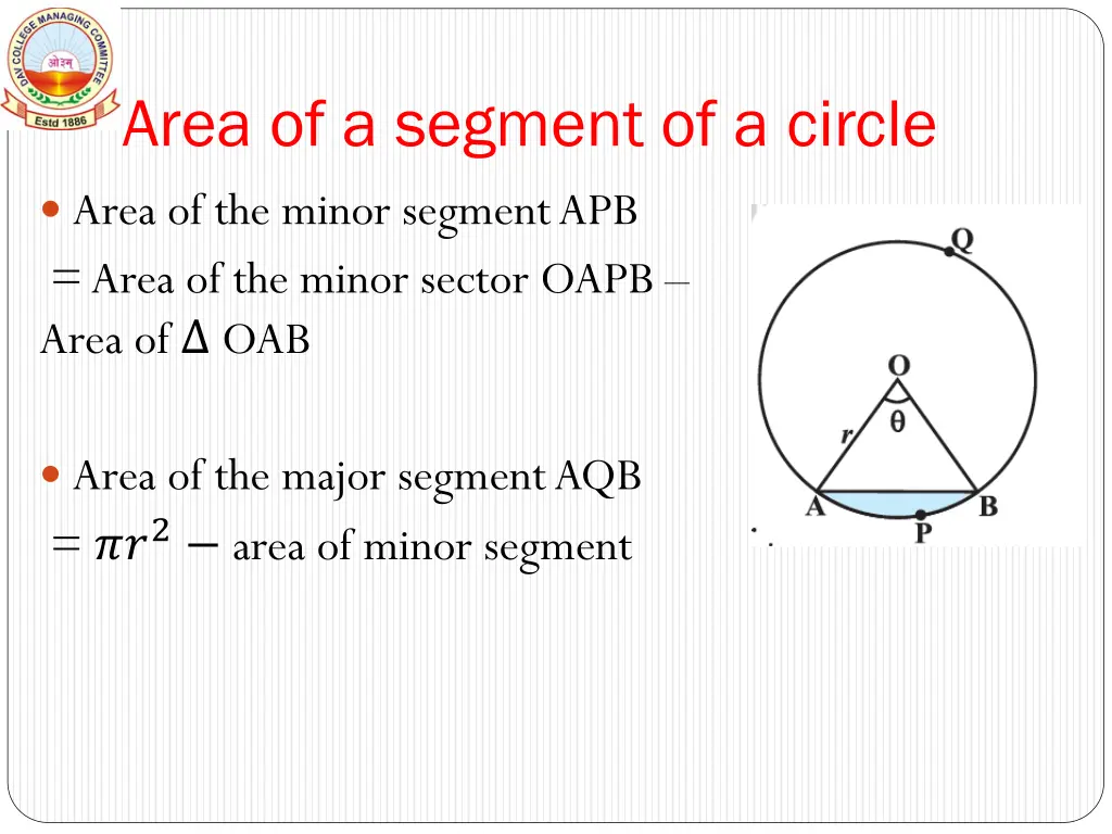 area of a segment of a circle