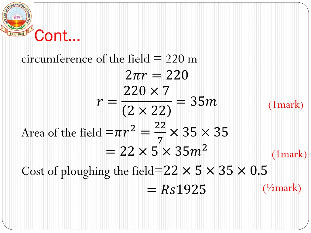 cont circumference of the field 220 m