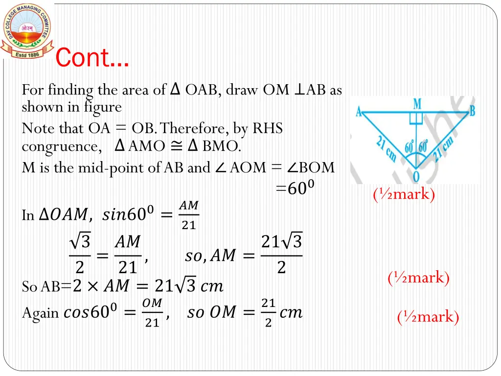 cont for finding the area of oab draw
