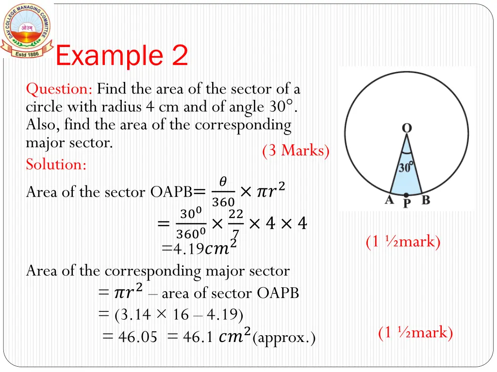 example 2 question find the area of the sector