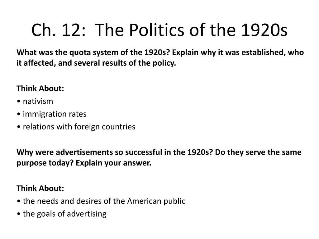 ch 12 the politics of the 1920s 1