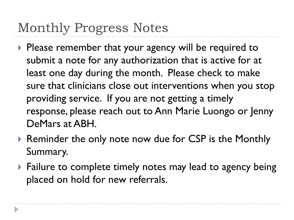 monthly progress notes