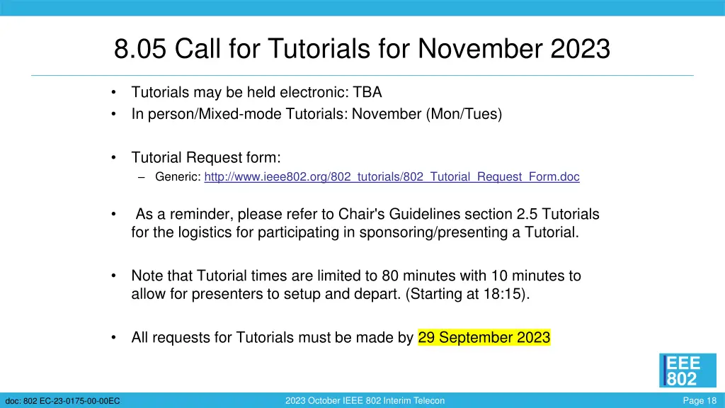 8 05 call for tutorials for november 2023