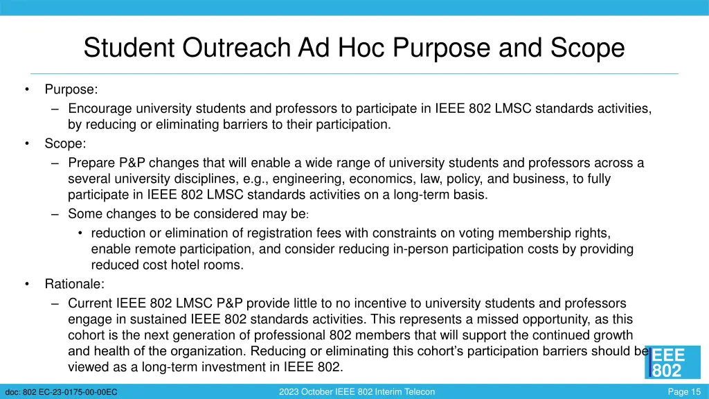 student outreach ad hoc purpose and scope