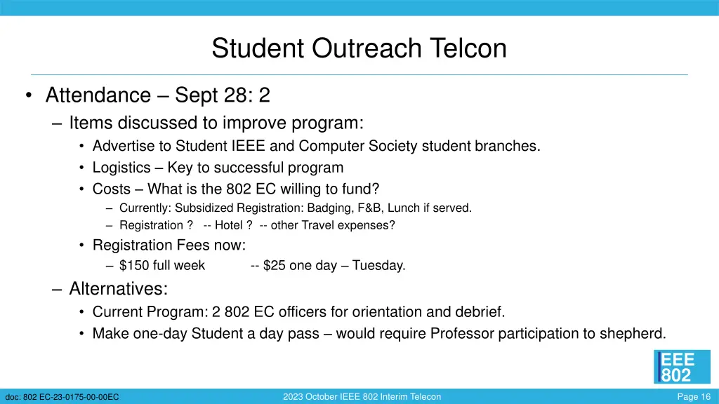student outreach telcon