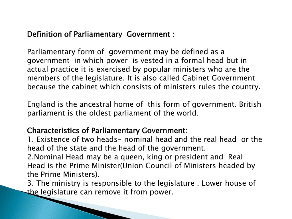 definition of parliamentary government