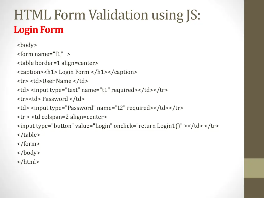 html form validation using js login form 1