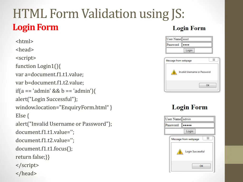 html form validation using js login form