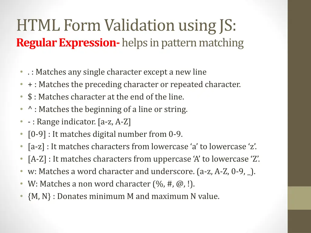 html form validation using js regular expression