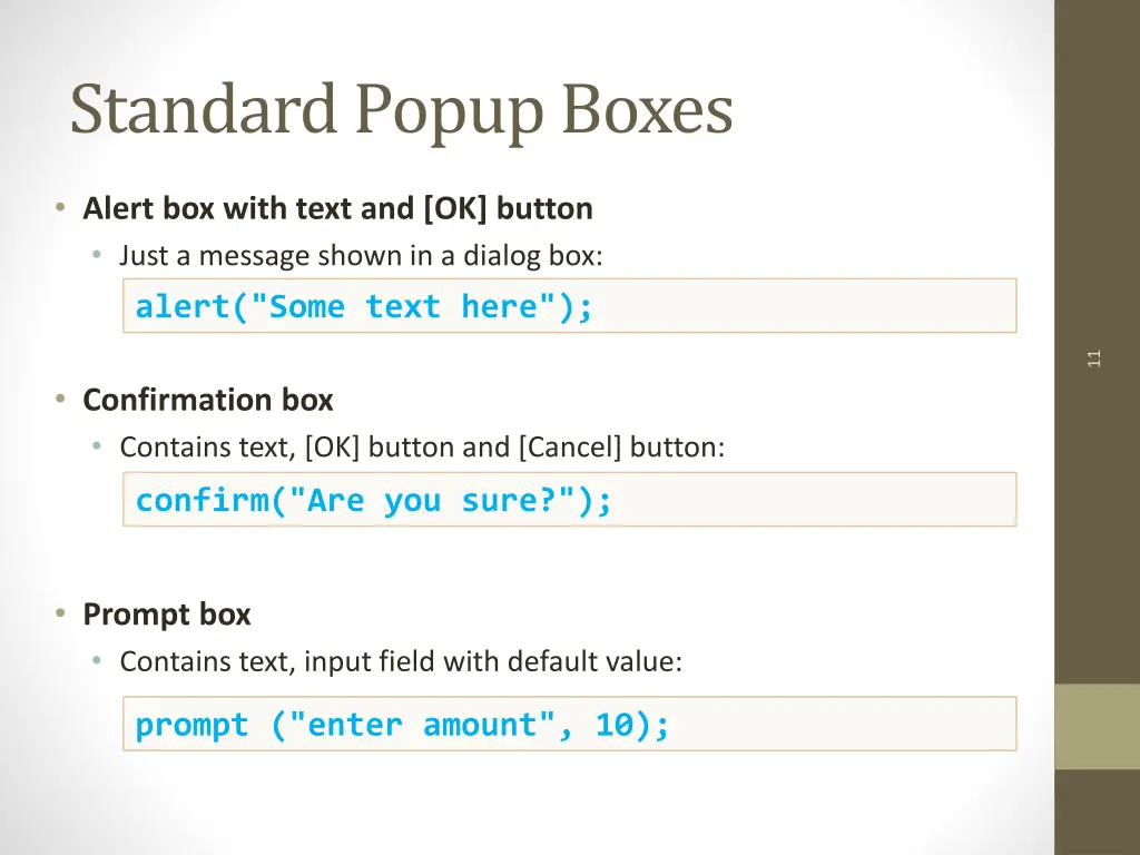 standard popup boxes
