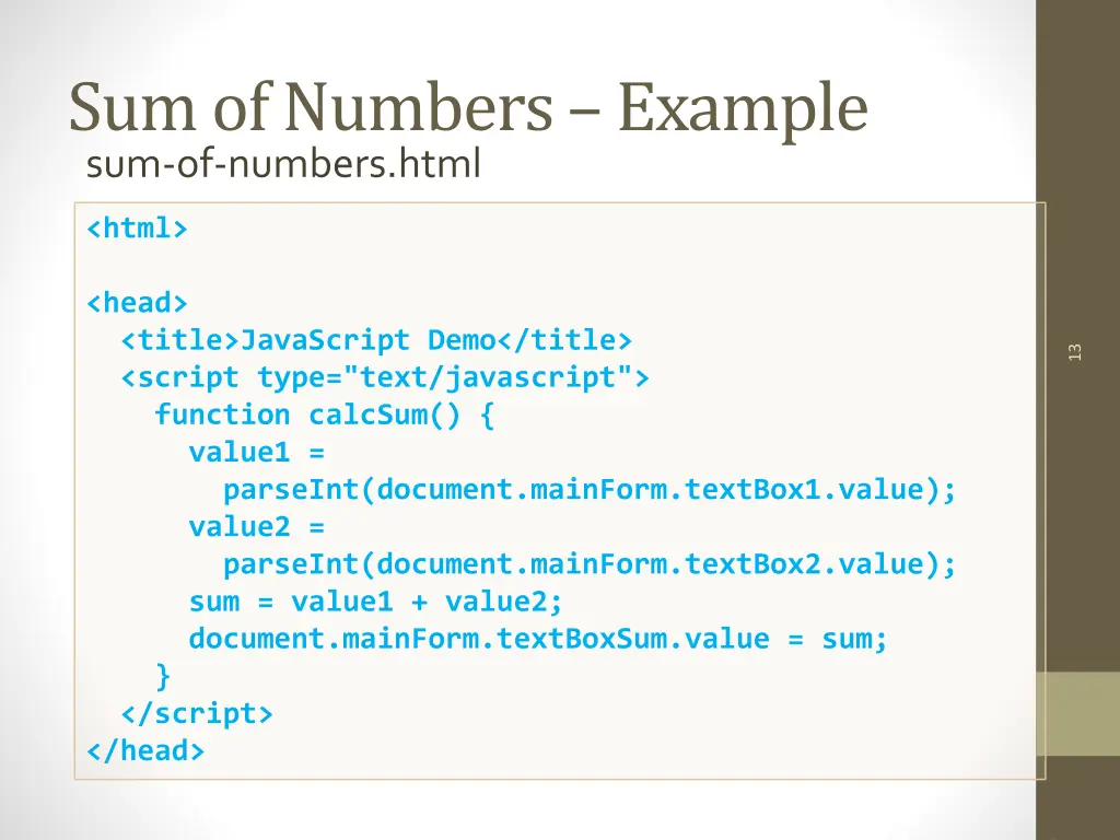 sum of numbers example sum of numbers html