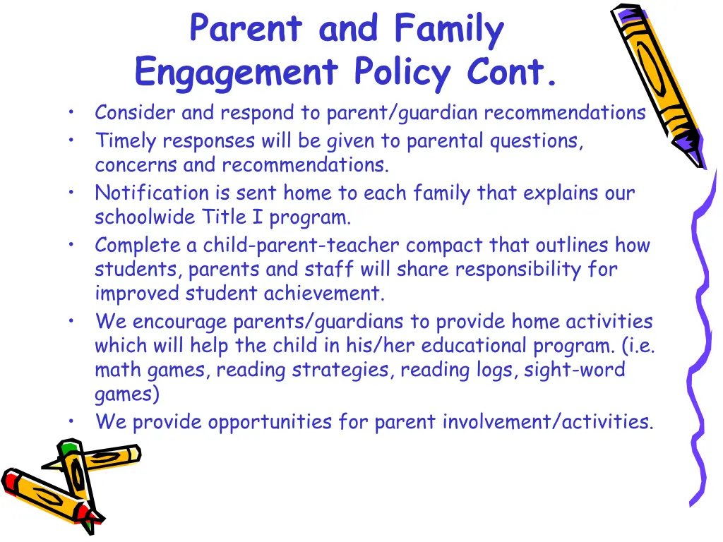 parent and family engagement policy cont consider
