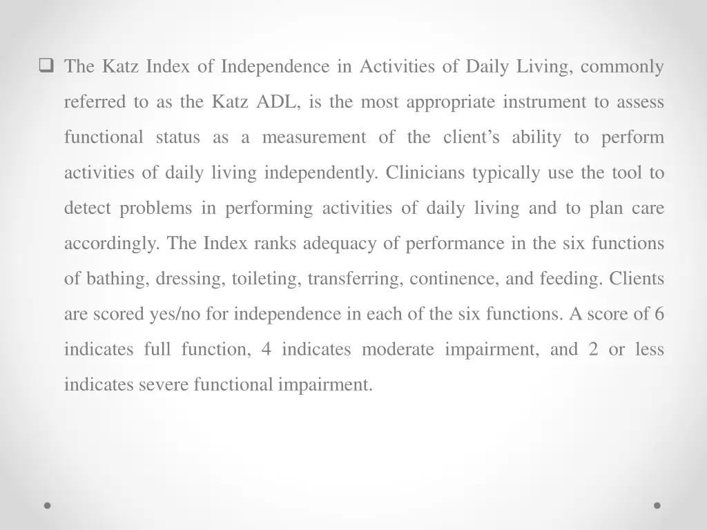 the katz index of independence in activities