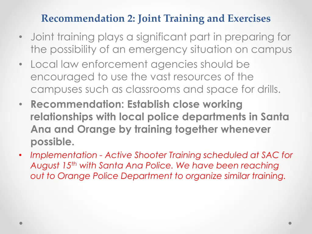 recommendation 2 joint training and exercises