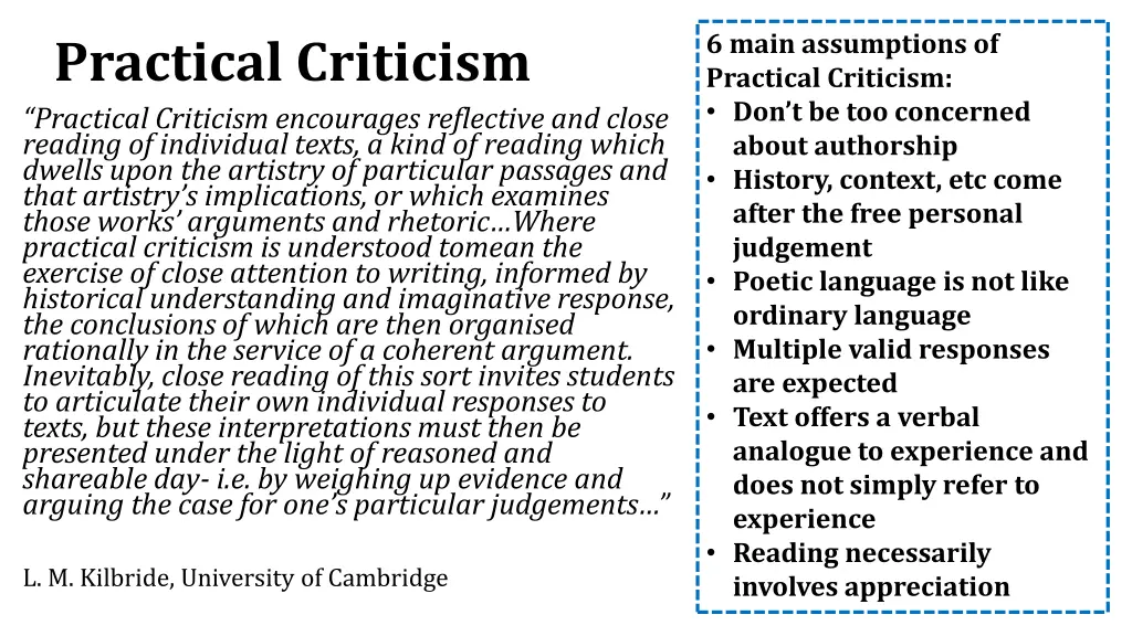 6 main assumptions of practical criticism