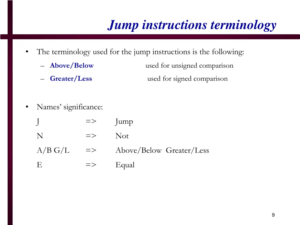 jump instructions terminology