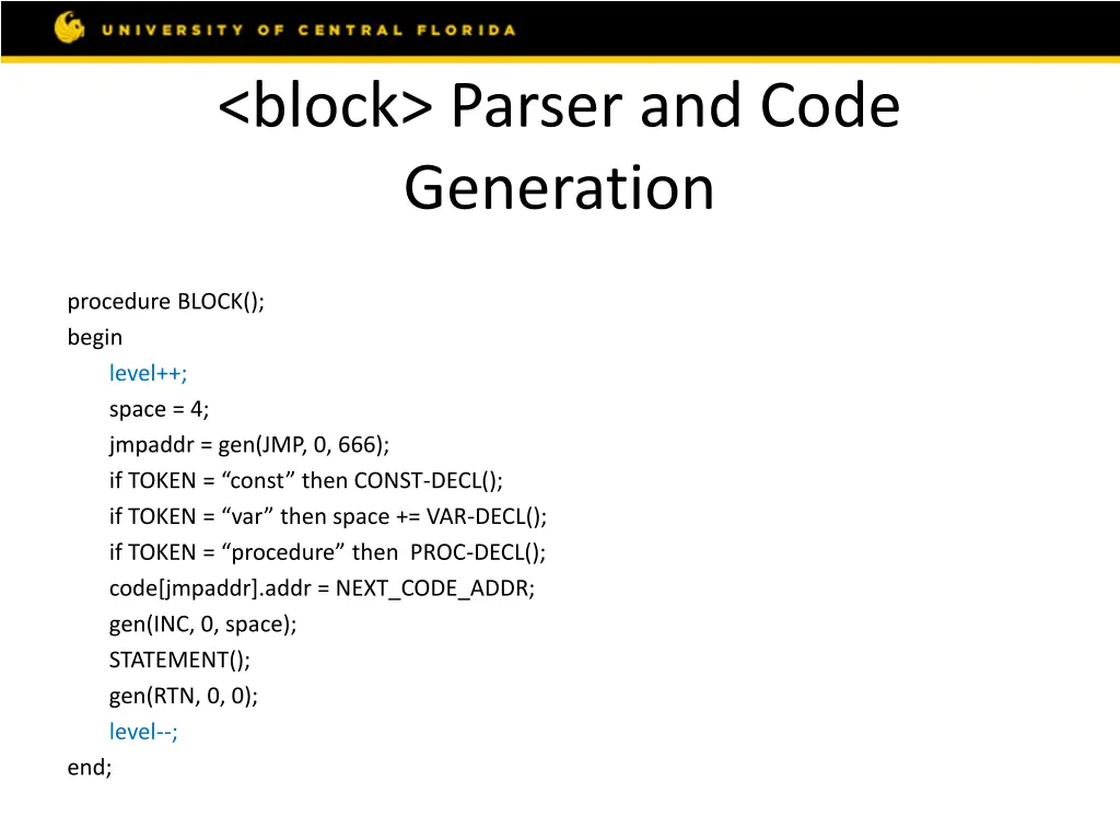 block parser and code generation 1