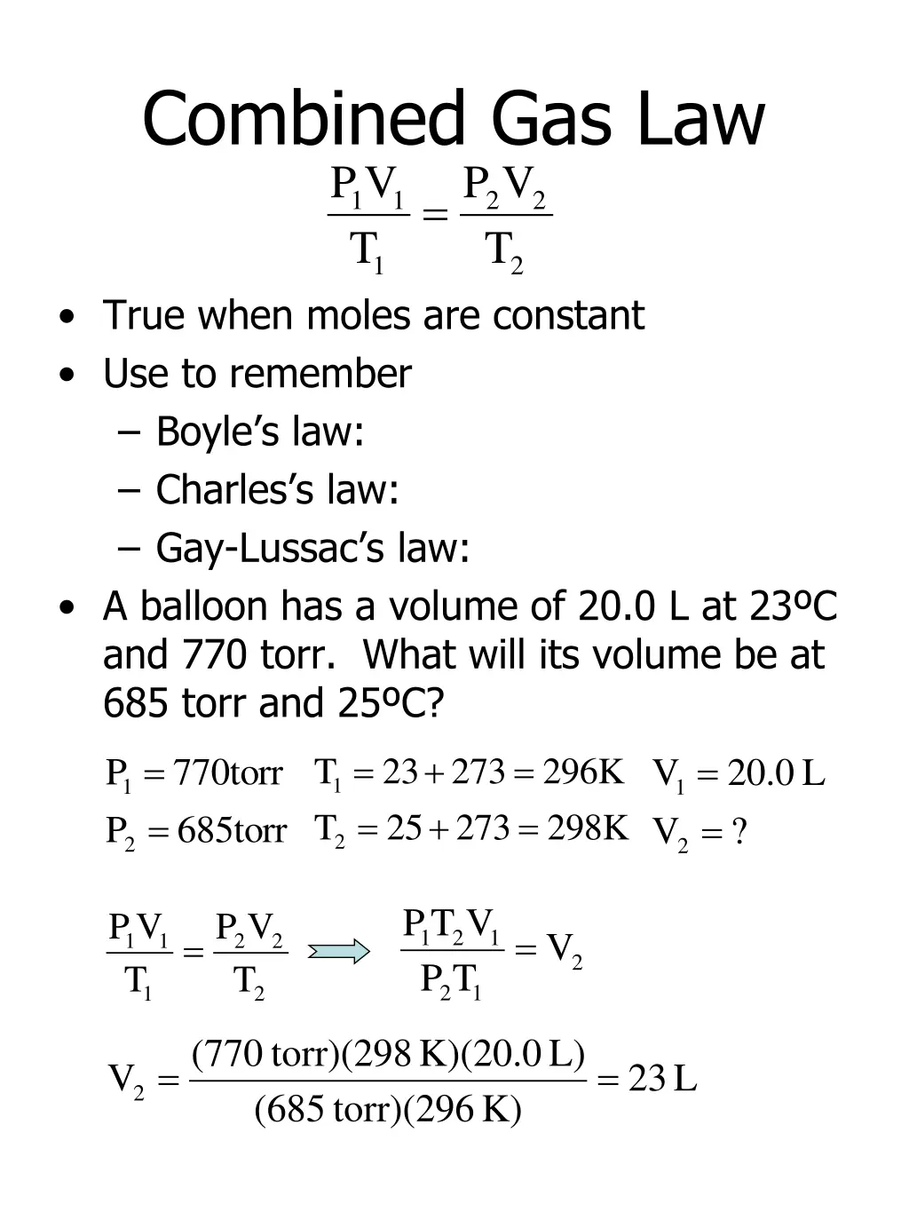 combined gas law v p