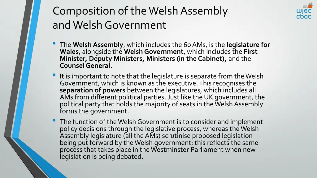composition of the welsh assembly and welsh