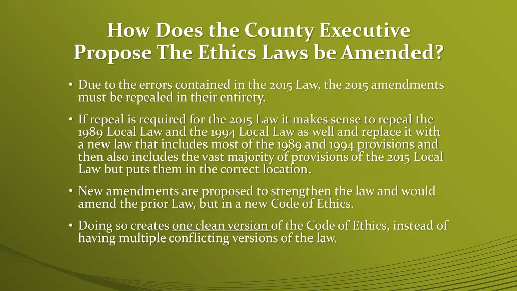 how does the county executive propose the ethics