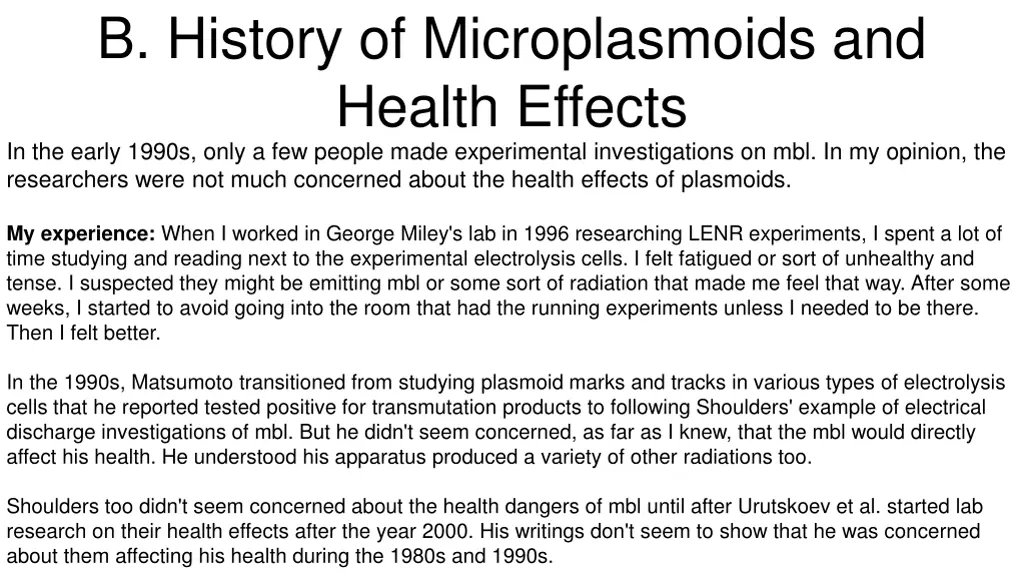 b history of microplasmoids and health effects