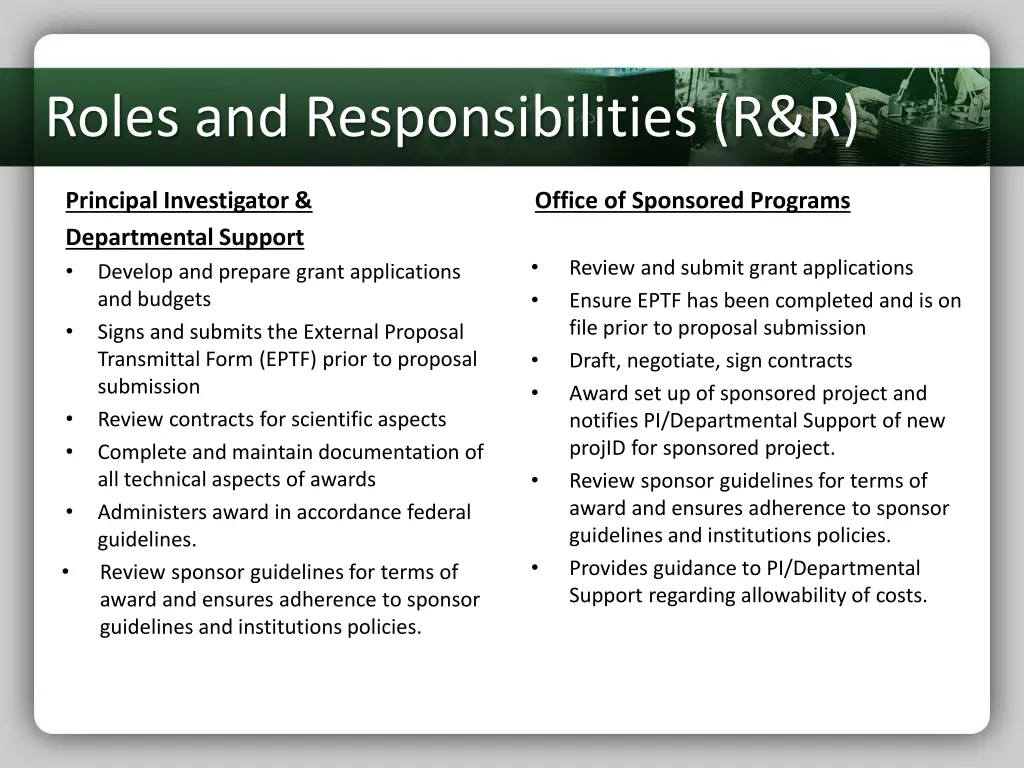 roles and responsibilities r r