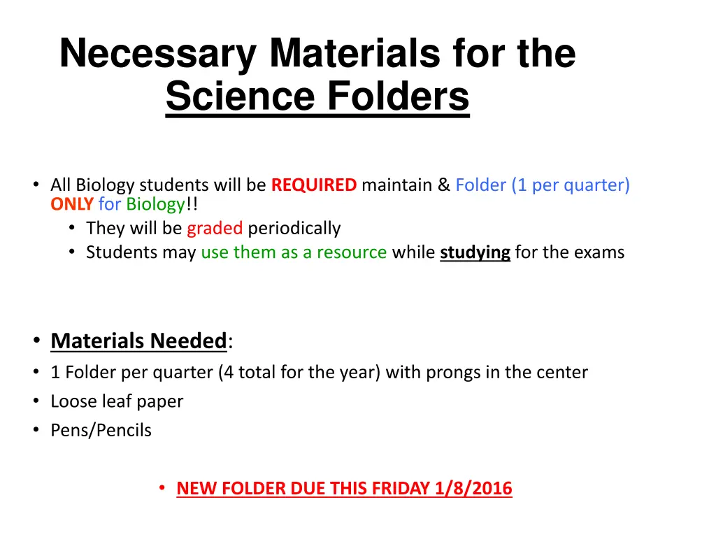 necessary materials for the science folders