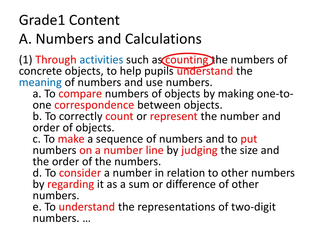 grade1 content a numbers and calculations